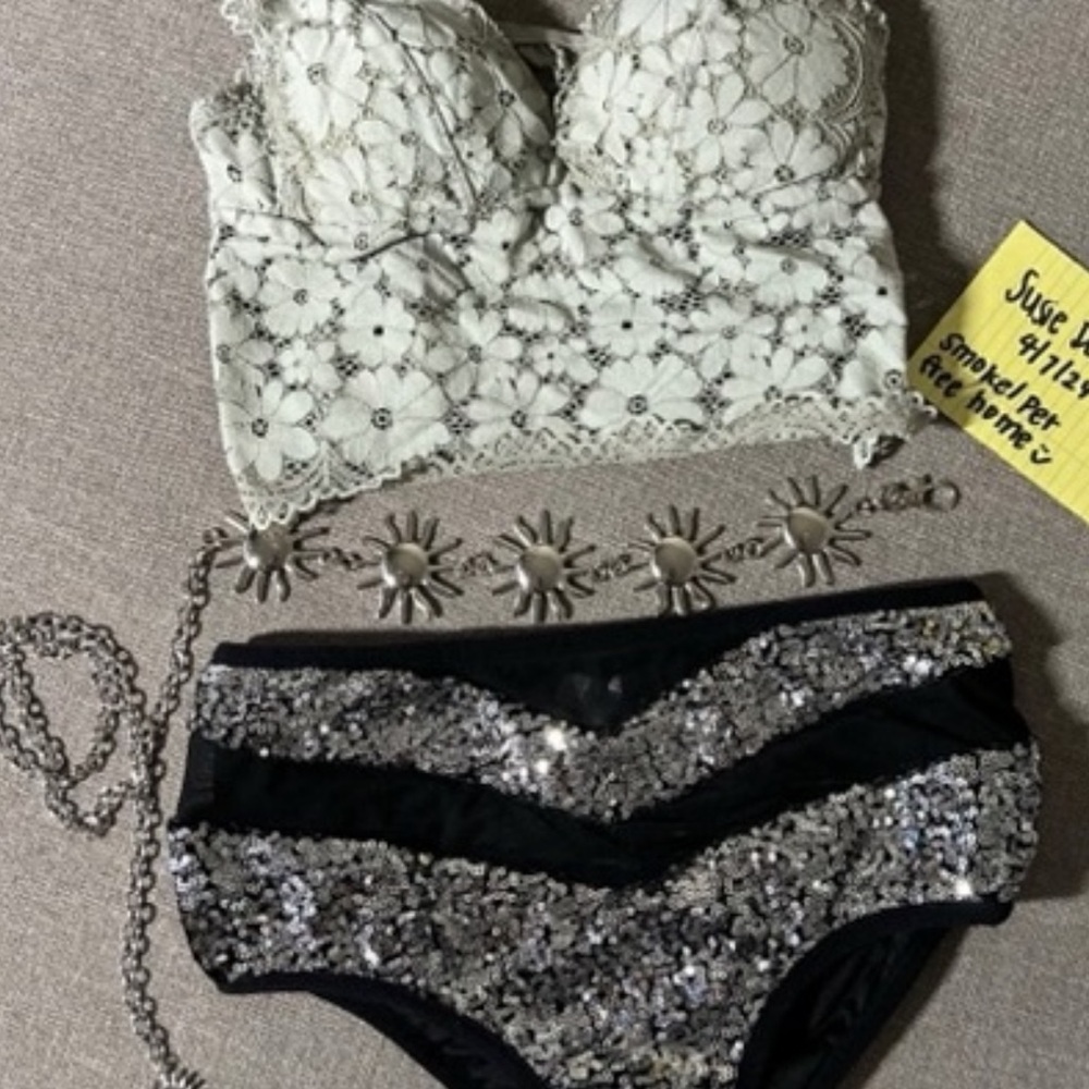Sequin Bikini Set with Lace Top